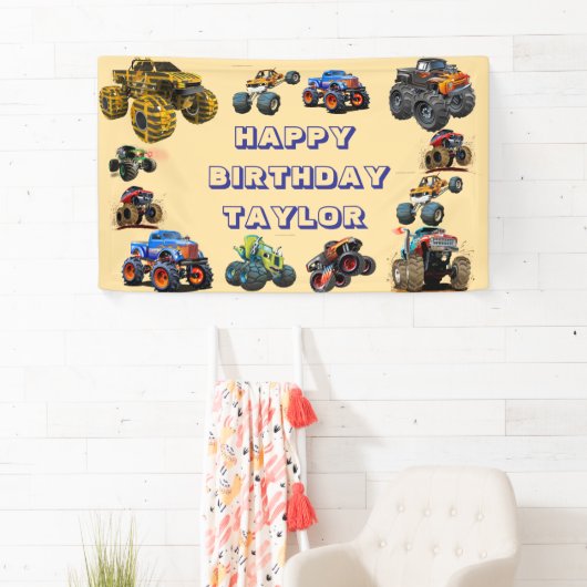 Kinder Monster Trucks Race Car Boy Verjaardagsfees Spandoek (Insitu)