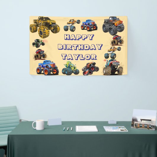 Kinder Monster Trucks Race Car Boy Verjaardagsfees Spandoek (Beurs)