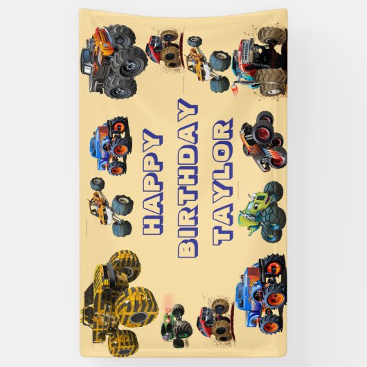 Kinder Monster Trucks Race Car Boy Verjaardagsfees Spandoek (Verticaal)