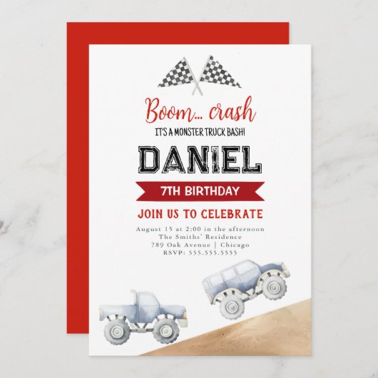 Kinder Monster Vrachtwagen Verjaardagsfeestuitnodi Kaart (Voorkant / Achterkant)