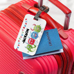 Kinder monsters foto bagagelabel<br><div class="desc">Dit monsterthema bagagelabel is ideaal voor kinderen die op vakantie gaan. Het label heeft vier groenkleurige, blauwe en rode monsters met hun naam. De lettertypestijlen, -groottes en -kleuren kunnen na personalisatie worden gewijzigd door op de link verder aanpassen te klikken.</div>