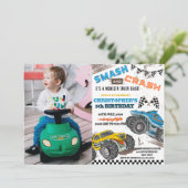 Kinder monstertrucks zijn jarig kaart (Staand voorkant)