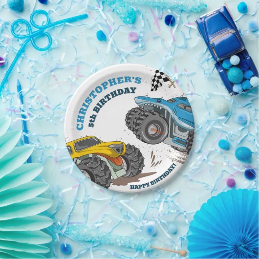 Kinder monstertrucks zijn jarig papieren bordje (Feest)