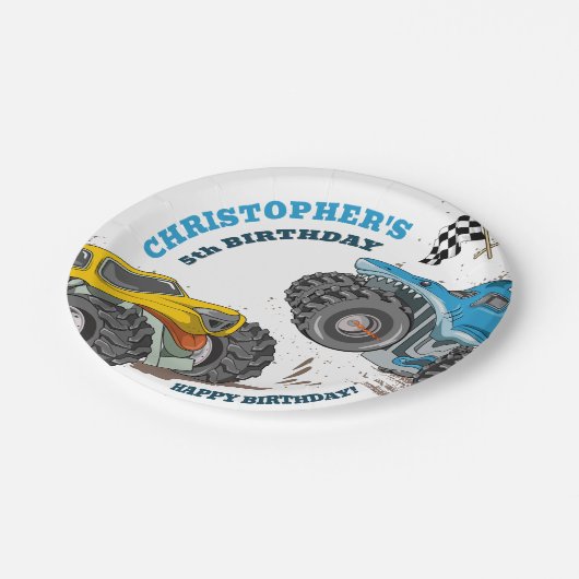 Kinder monstertrucks zijn jarig papieren bordje (Gekanteld)