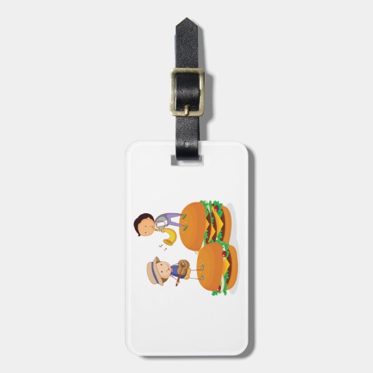 Kinder muziek op gigantische cheeseburgers bagagelabel (Voorkant verticaal)