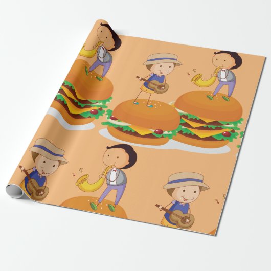 Kinder muziek op gigantische cheeseburgers cadeaupapier (Uitgerold)