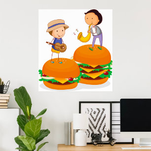 Kinder muziek op gigantische cheeseburgers poster