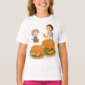 Kinder muziek op gigantische cheeseburgers t-shirt (Voorkant)