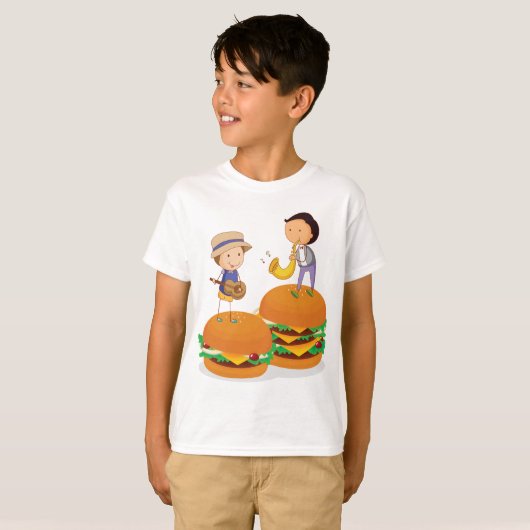 Kinder muziek op gigantische cheeseburgers t-shirt (Voorkant volledig)