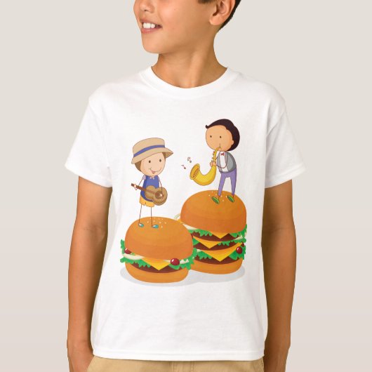 Kinder muziek op gigantische cheeseburgers t-shirt (Voorkant)