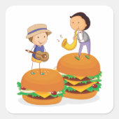 Kinder muziek op gigantische cheeseburgers vierkante sticker (Voorkant)