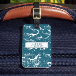 Kinder naam aangepast blauw haaienpatroon bagagelabel