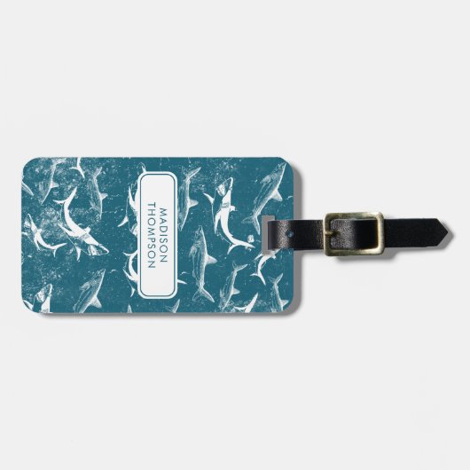 Kinder naam aangepast blauw haaienpatroon bagagelabel (Voorkant horizontaal)