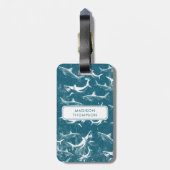 Kinder naam aangepast blauw haaienpatroon bagagelabel (Achterkant verticaal)