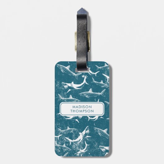 Kinder naam aangepast blauw haaienpatroon bagagelabel (Achterkant verticaal)
