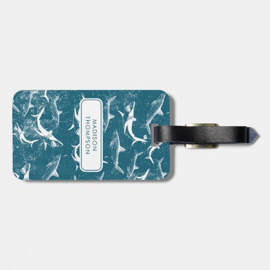 Kinder naam aangepast blauw haaienpatroon bagagelabel (Achterkant horizontaal)