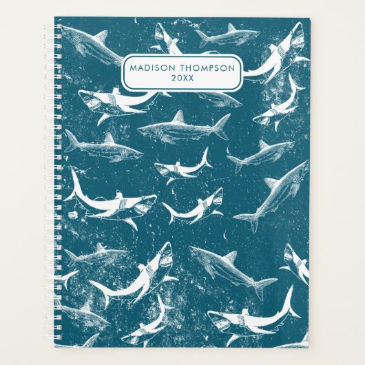 Kinder naam aangepast blauw haaienpatroon planner (Voorkant)