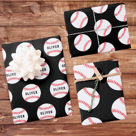 Kinder naam Baseball Ball Black Pattern Inpakpapier Vel
