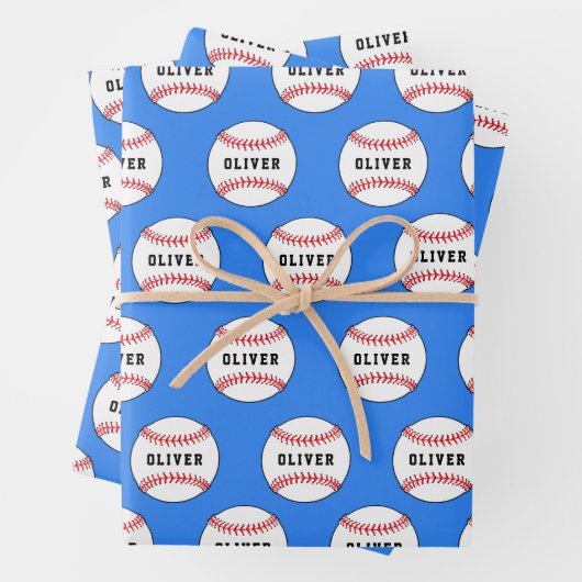 Kinder naam Baseball Ball Blue Pattern Inpakpapier Vel (In situ)