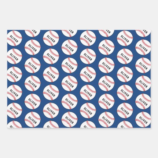 Kinder naam Baseball Ball Blue Pattern Inpakpapier Vel (Voorkant 2)