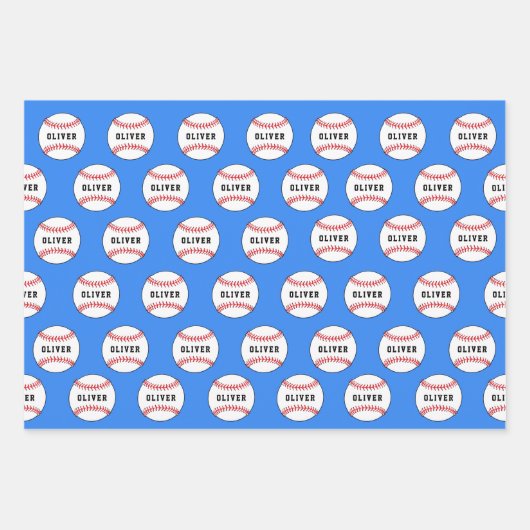 Kinder naam Baseball Ball Blue Pattern Inpakpapier Vel (Voorkant)