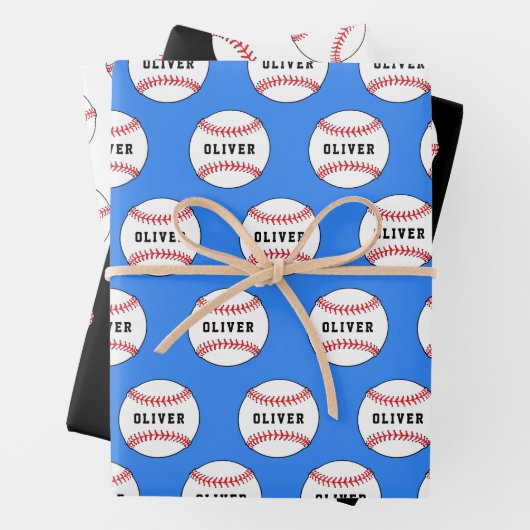 Kinder naam Baseball Ball Blue Pattern Inpakpapier Vel (In situ)
