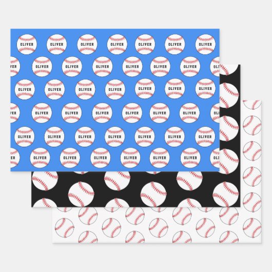 Kinder naam Baseball Ball Blue Pattern Inpakpapier Vel (Set)
