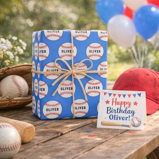 Kinder naam Baseball Ball Blue Pattern Inpakpapier Vel