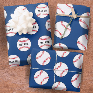 Kinder naam Baseball Ball Blue Pattern Inpakpapier Vel