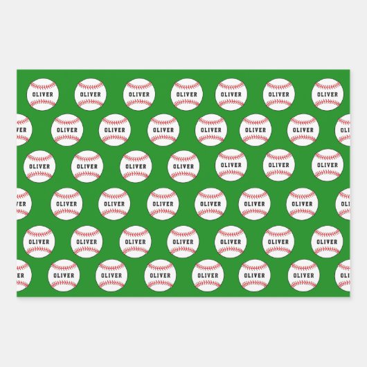 Kinder naam Baseball Ball Green Pattern Inpakpapier Vel (Voorkant)