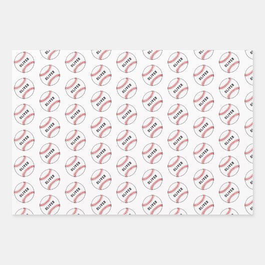 Kinder naam Baseball Ball Pattern Birthday Wrappin Inpakpapier Vel (Voorkant 3)