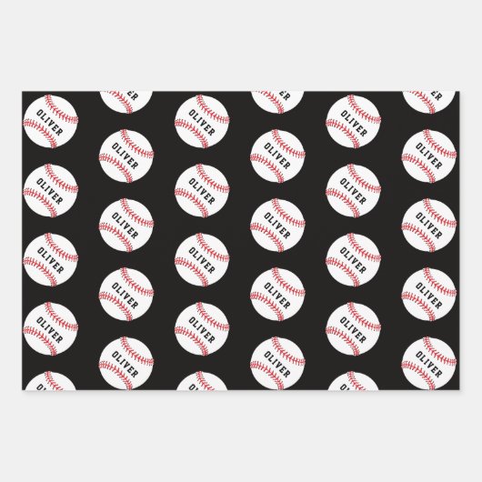 Kinder naam Baseball Ball Pattern Birthday Wrappin Inpakpapier Vel (Voorkant 2)