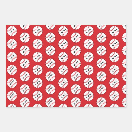 Kinder naam Baseball Ball Pattern Birthday Wrappin Inpakpapier Vel (Voorkant 3)