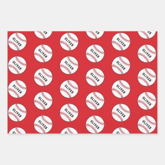 Kinder naam Baseball Ball Pattern Birthday Wrappin Inpakpapier Vel (Voorkant 2)
