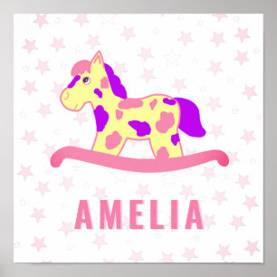 Kinder naam Cute Pink Yellow Rocking Horse Star Poster