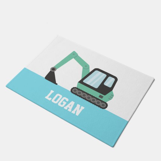 Kinder naam groene bouwgraafmachine deurmat (Schuin)
