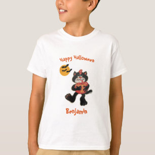 Kinder naam Halloween Schattige Black Cat Moon Bat T-shirt