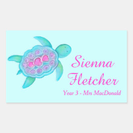 Kinder naam ID schildpad harten roze aqua stickers