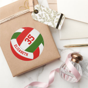 kinder naam jersey nummer rode groene volleybal ronde sticker