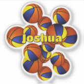 kinder naam op blauw gouden team kleuren basketbal sticker (Voorkant)