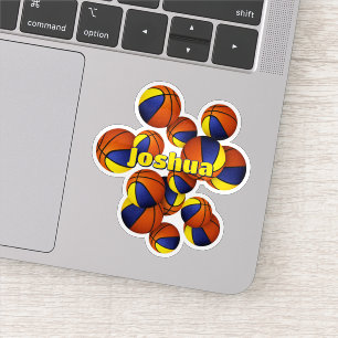 kinder naam op blauw gouden team kleuren basketbal sticker