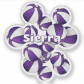 kinder naam op paarse witte team kleuren basketbal sticker (Voorkant)