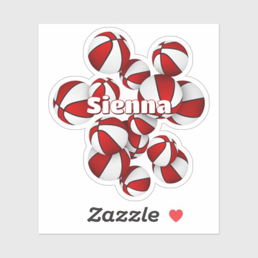 kinder naam op rood wit team kleuren basketballen sticker (Vel)