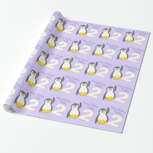 Kinder naam oud 2 schattig pinguïn verjaardagspat cadeaupapier