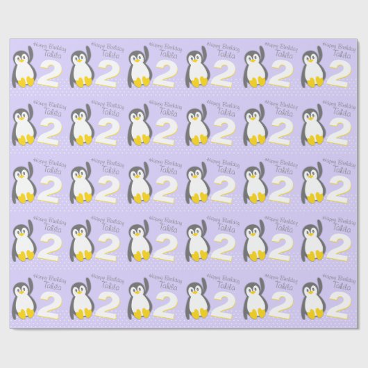 Kinder naam oud 2 schattig pinguïn verjaardagspatr cadeaupapier (Vlak)