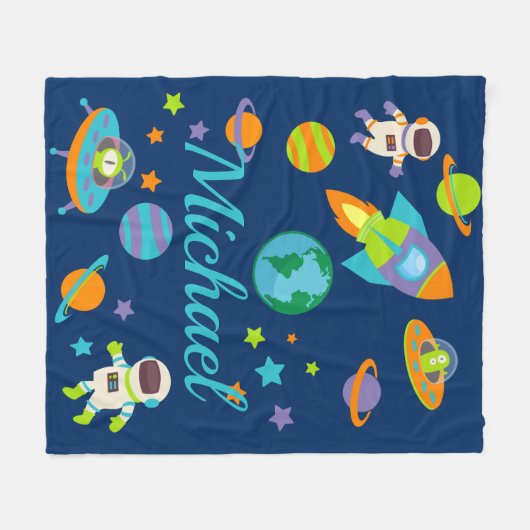 Kinder naam Outer Space Rocket Ship Fleece Deken (Voorkant (Horizontaal))