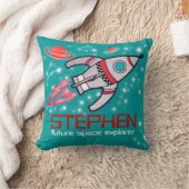 Kinder naam Rocket Space Explorer rood blauwgroen  Kussen (Deken)