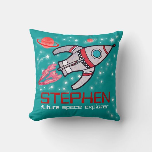 Kinder naam Rocket Space Explorer rood blauwgroen  Kussen (Voorkant)