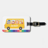 Kinder naam van de Gele School Bus en Cute Animals Bagagelabel (Voorkant horizontaal)