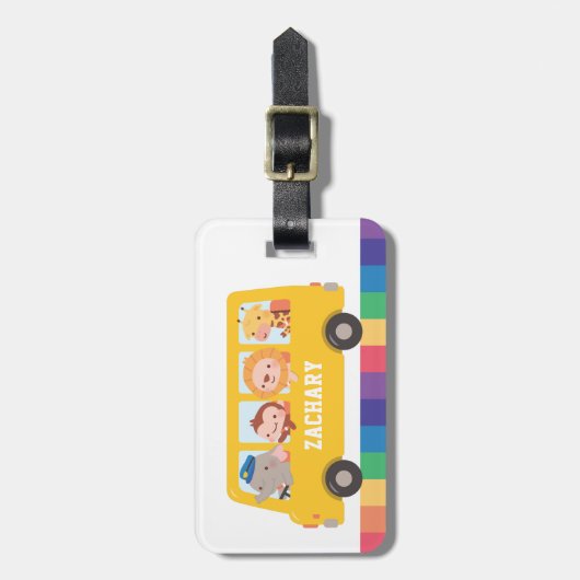 Kinder naam van de Gele School Bus en Cute Animals Bagagelabel (Voorkant verticaal)